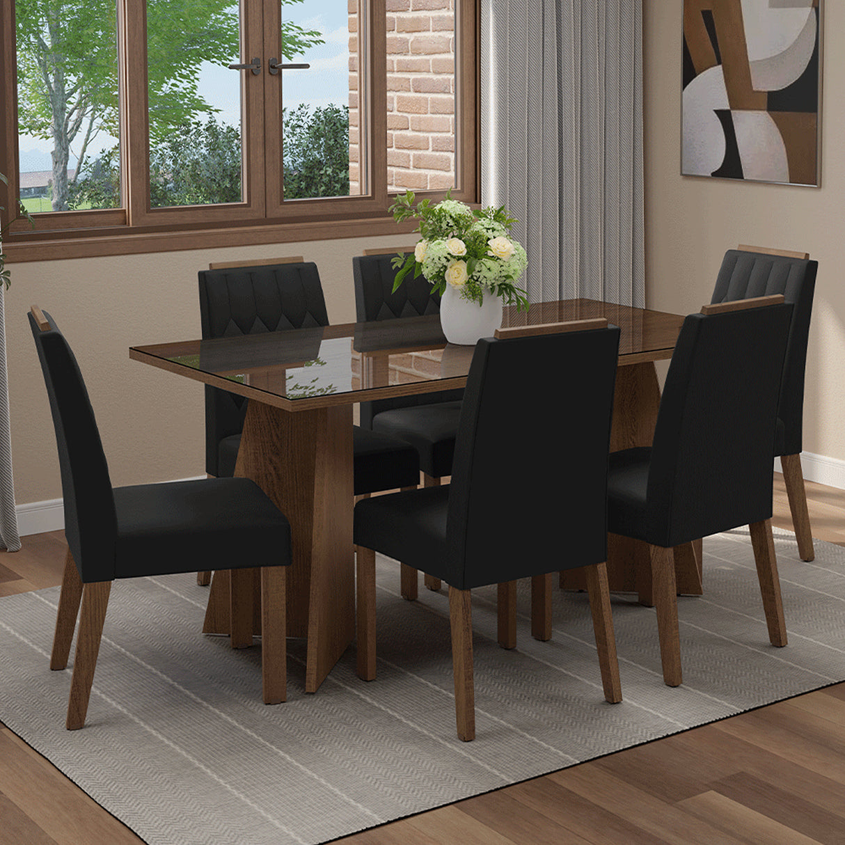 Juego de comedor Sintra Marron Oxford y Negro 160x78cm Rectangular de Seis Puestos con Seis Sillas - COMEDORES | Bylmo