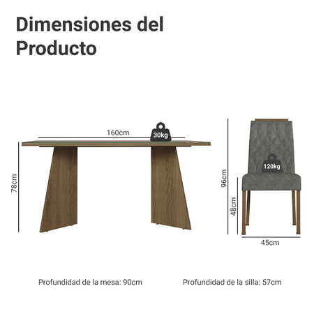 Juego de comedor Sintra Marrón y Plateado 160x78cm Rectangular de Seis Puestos con Seis Sillas - COMEDORES | Bylmo