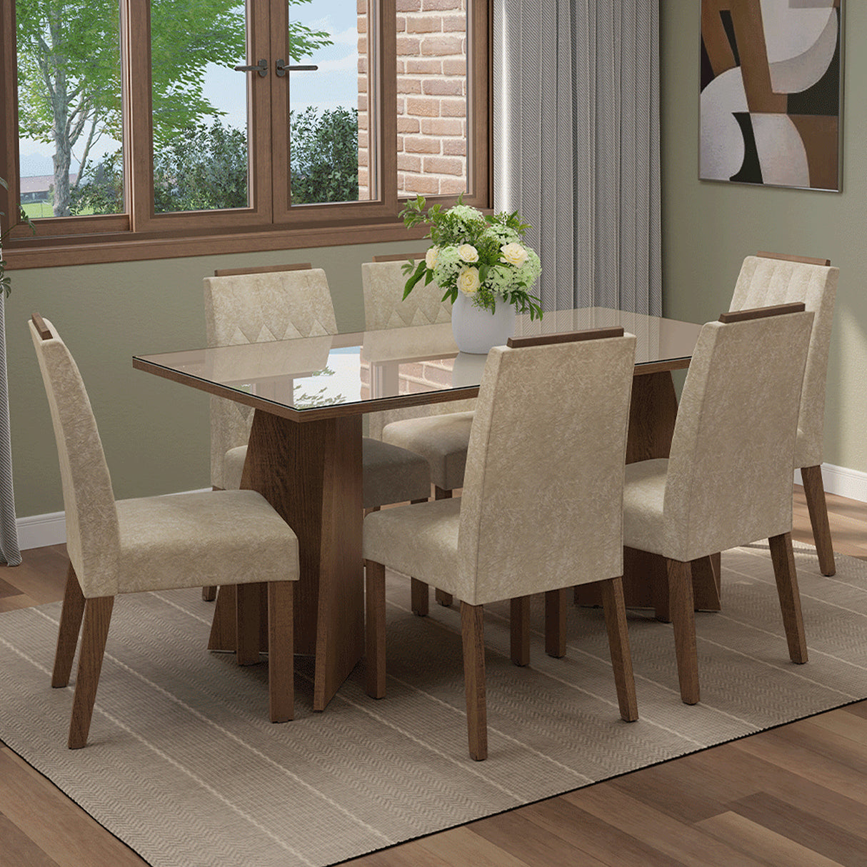 Juego de comedor Sintra Marrón y Crema 160x78cm Rectangular de Seis Puestos con Seis Sillas - COMEDORES | Bylmo
