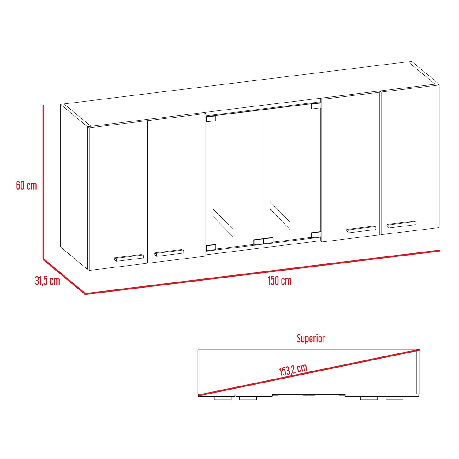 Mueble Superior de Cocina Blanco y Cartagena 150x60cm con Seis Puertas con Locero - MUEBLES SUPERIORES DE COCINA | Bylmo