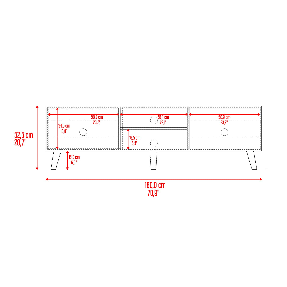 Rack de TV Cincinnati Avellana 180x52.5cm Para TV Hasta 70 Pulgadas con Un Cajón con Ranuras para Cables y con Patas - MUEBLES DE TV | Bylmo