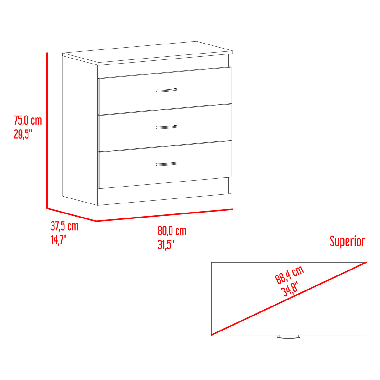 Cómoda Melia Cartagena y Blanco 80x75cm De Tres Hileras con Tres Cajones y con Espacio para TV - CAJONERAS Y COMODAS | Bylmo