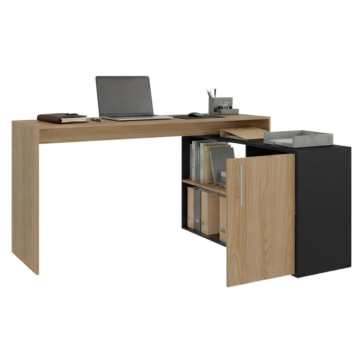 Escritorio en L Bilbao Fresno y Wengue 151.5x116.5cm sin Cajones y con Organizador de Libros - ESCRITORIOS | Bylmo