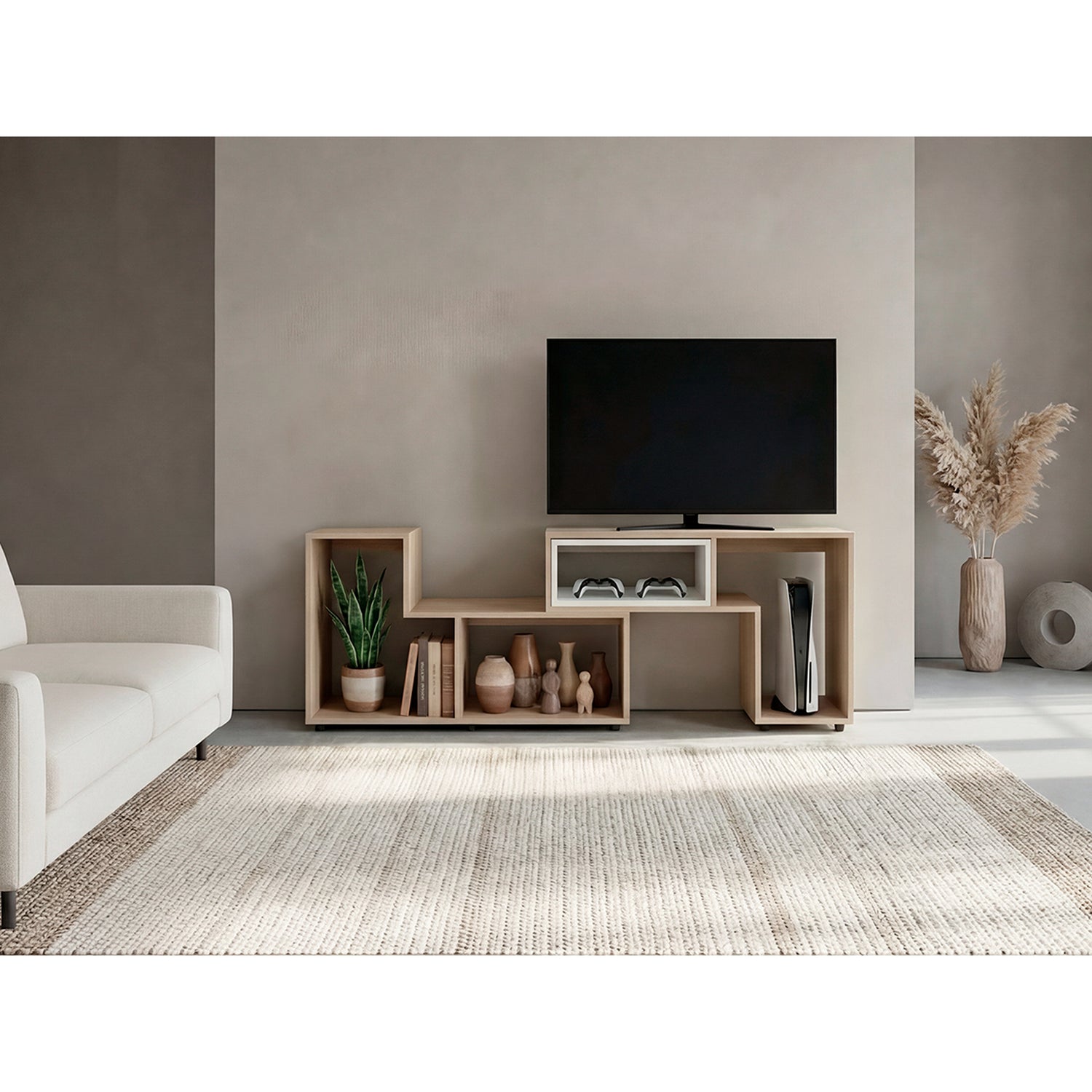 Rack de TV Zembrano Cartagena y Blanco 160x54.5cm para TV Hasta 40 Pulgadas y con Cuatro Compartimientos - MUEBLES DE TV | Bylmo