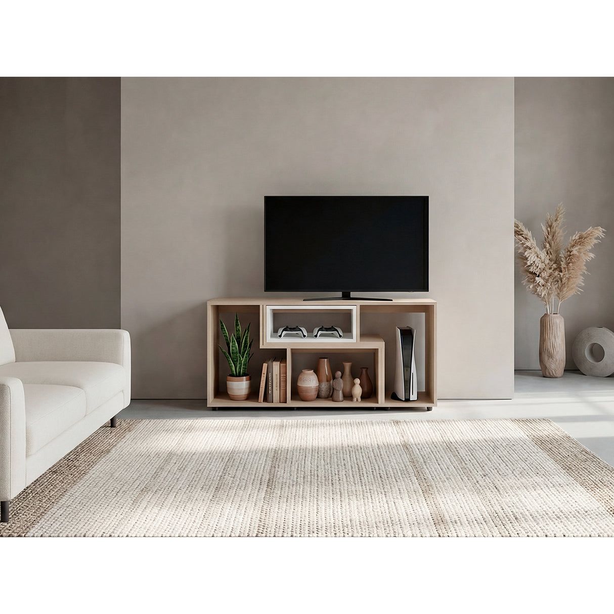 Rack de TV Zembrano Cartagena y Blanco 160x54.5cm para TV Hasta 40 Pulgadas y con Cuatro Compartimientos - MUEBLES DE TV | Bylmo