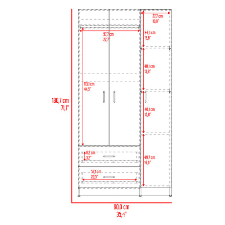 Closet Austral Avellana 90x180cm con 2 Cajones con 3 Entrepaños - CLOSETS | Bylmo