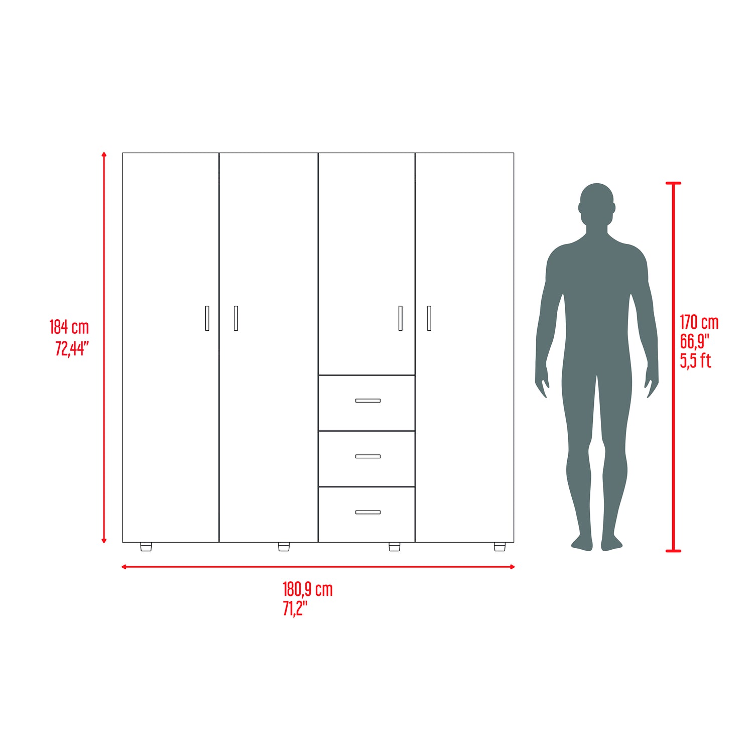Closet Harlem Cartagena y Blanco 180 cm con Cuatro Puertas y Tres Cajones - CLOSETS | Bylmo