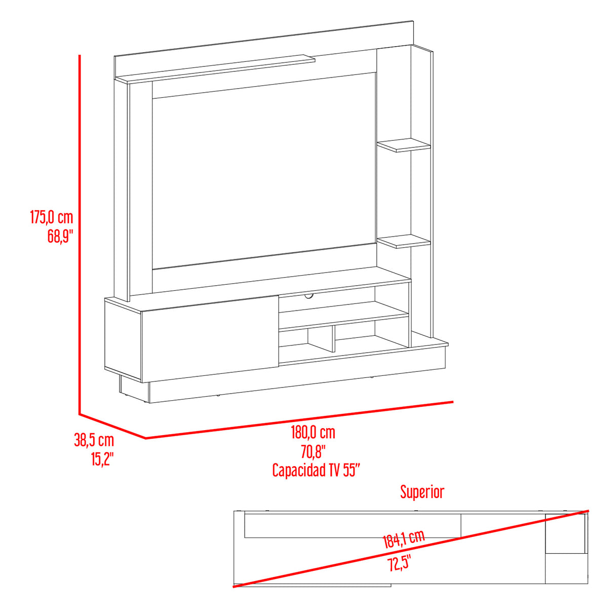 Centro de Entretenimiento Doha Fresno 180x180cm Para TV Hasta 60 Pulgadas con Un Cajón y con Ranuras para Cables - MUEBLES DE TV | Bylmo