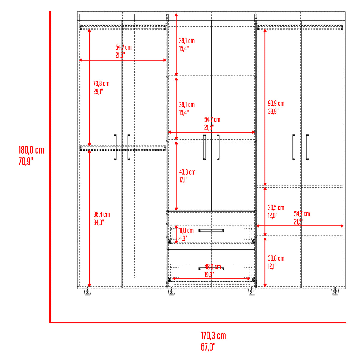 Closet Bariloche Blanco Positano 170.3x180cm con Seis Puertas y con Dos Cajones - CLOSETS | Bylmo