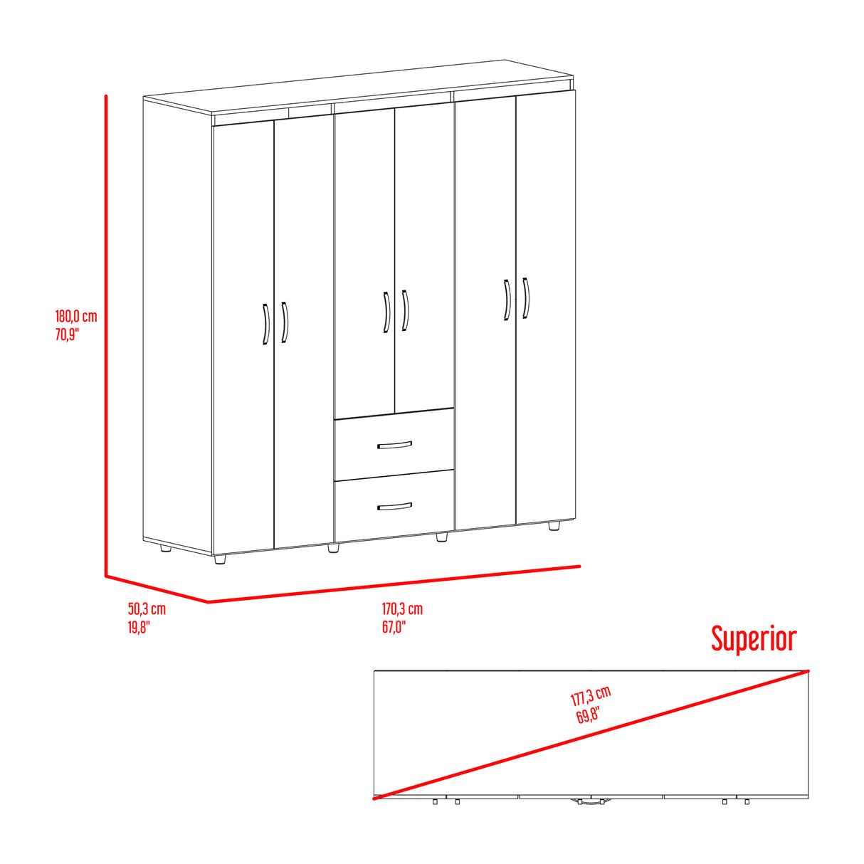 Closet Bariloche Blanco Positano 170.3x180cm con Seis Puertas y con Dos Cajones - CLOSETS | Bylmo