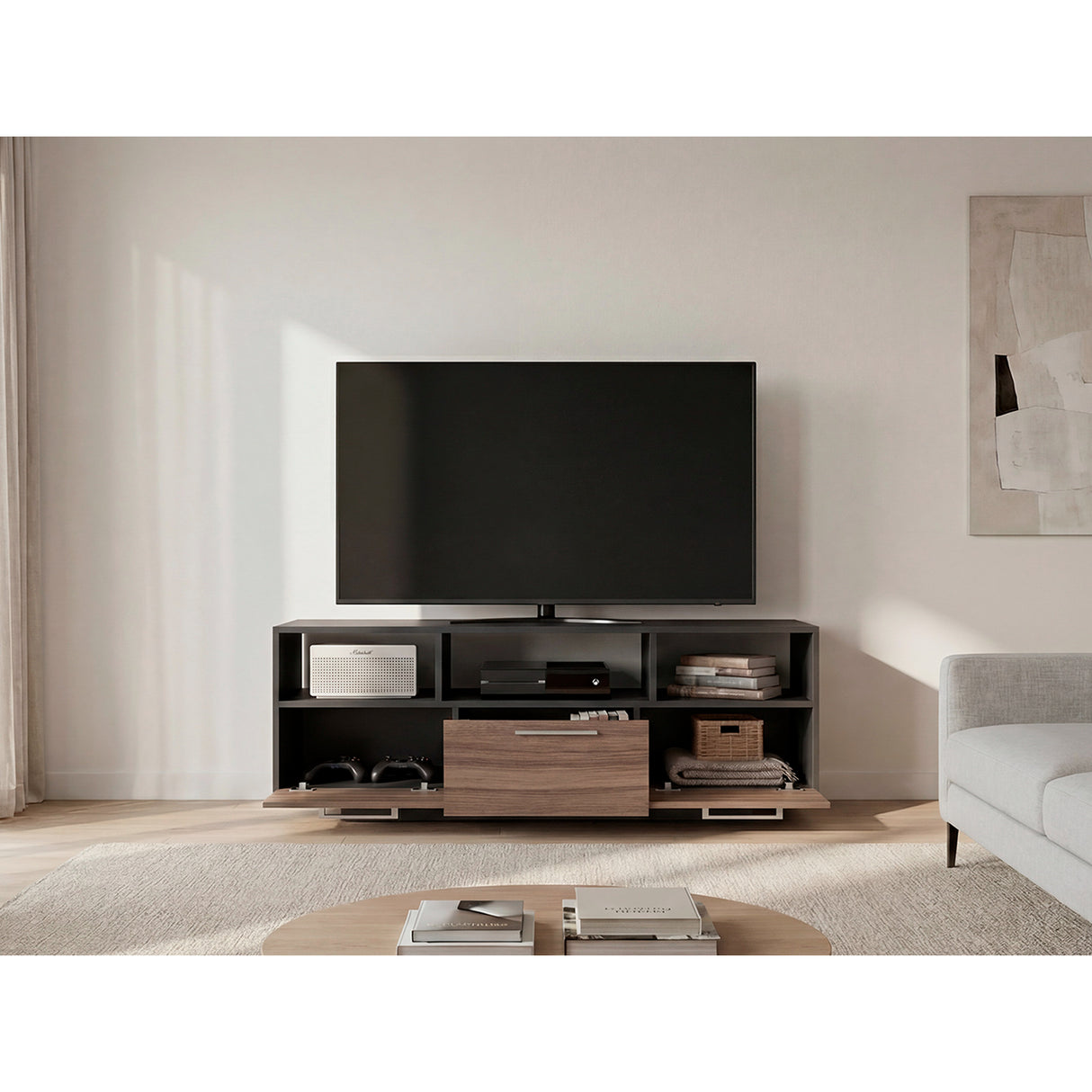 Rack de TV Wema Wengue Y Avellana 130x49cm Para TV Hasta 58 Pulgadas con Tres Cajones - MUEBLES DE TV | Bylmo