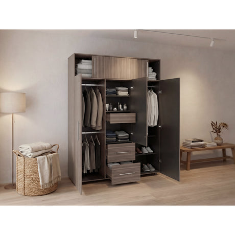 Closet Bigaf Avellana y Wengue 160x204cm Con Tres Cajones y Cuatro Entrepaños - CLOSETS | Bylmo