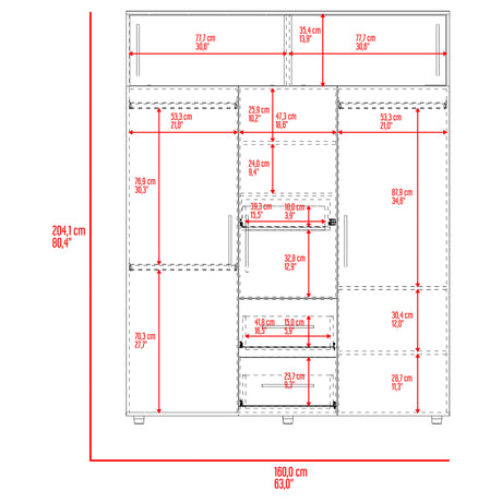 Closet Bigaf Avellana y Wengue 160x204cm Con Tres Cajones y Cuatro Entrepaños - CLOSETS | Bylmo