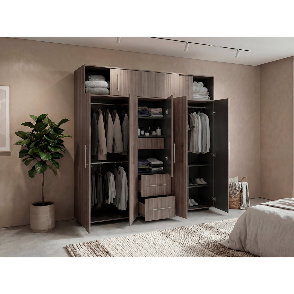 Closet Bigaf Avellana y Wengue 230x204cm Con Tres Cajones y Ocho Puertas - CLOSETS | Bylmo