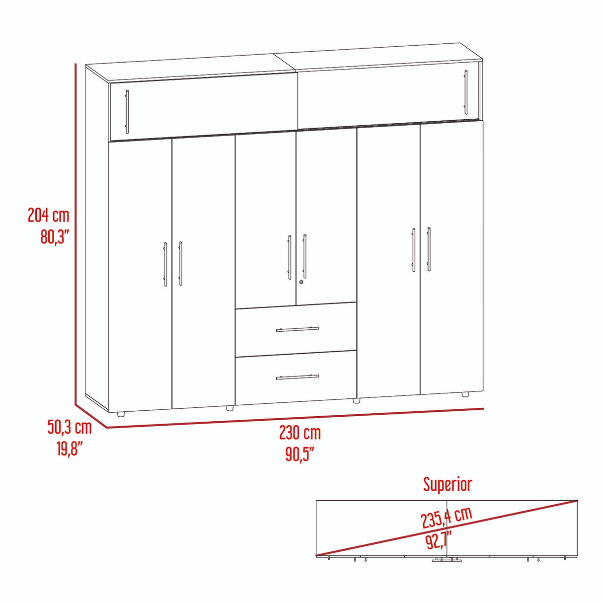 Closet Bigaf Avellana y Wengue 230x204cm Con Tres Cajones y Ocho Puertas - CLOSETS | Bylmo