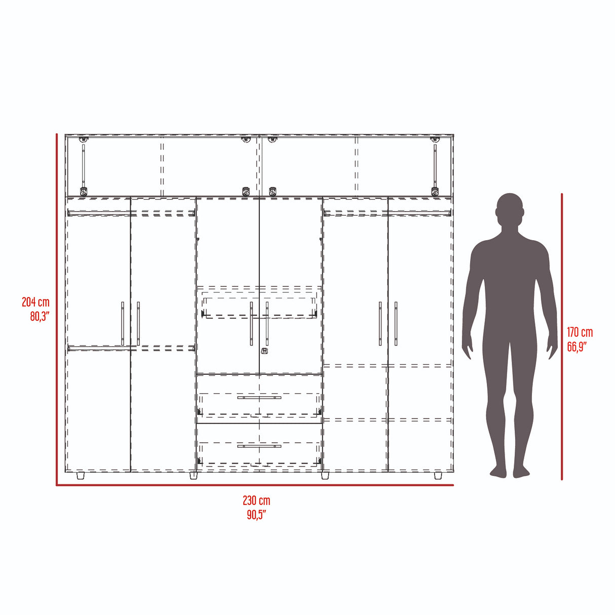 Closet Bigaf Avellana y Wengue 230x204cm Con Tres Cajones y Ocho Puertas - CLOSETS | Bylmo