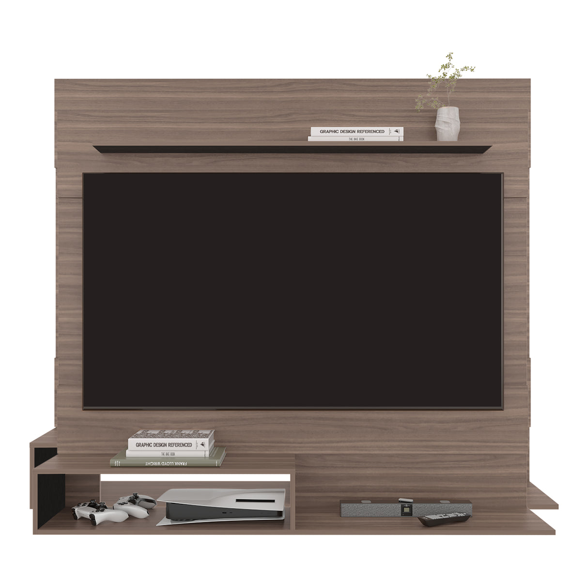 Panel de TV Beijing Avellana y Wengue 140x120cm Para TV Hasta 55 Pulgadas con Cinco Compartimientos - MUEBLES DE TV | Bylmo