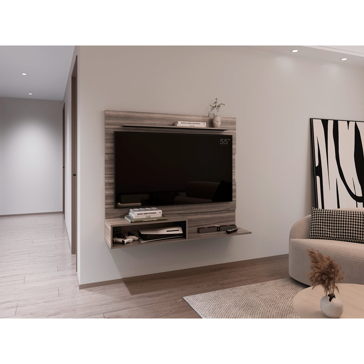 Panel de TV Beijing Avellana y Wengue 140x120cm Para TV Hasta 55 Pulgadas con Cinco Compartimientos - MUEBLES DE TV | Bylmo