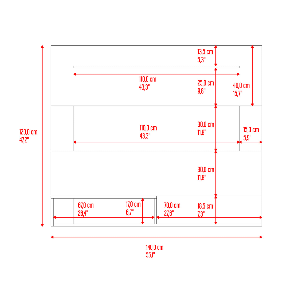 Panel de TV Beijing Avellana y Wengue 140x120cm Para TV Hasta 55 Pulgadas con Cinco Compartimientos - MUEBLES DE TV | Bylmo
