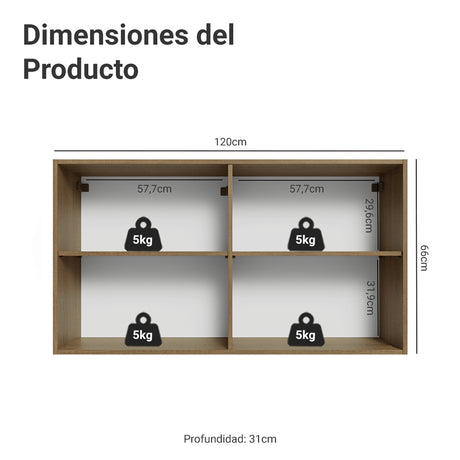 Mueble Superior de Cocina Vik Marrón y Gris 120x66cm con Cuatro Entrepaños y Dos Puertas - MUEBLES SUPERIORES DE COCINA | Bylmo