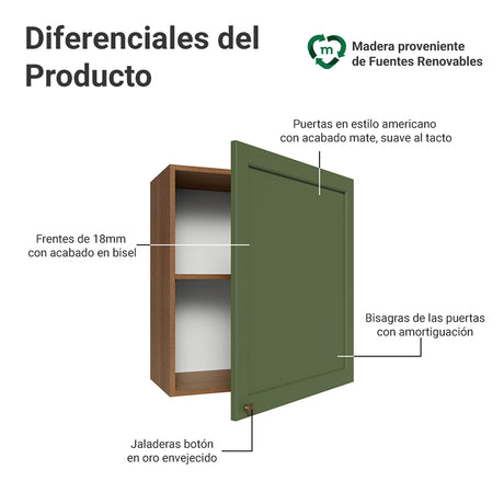 Mueble Superior de Cocina Vik Marrón y Verde 60x66cm con Dos Entrepaños y Una Puerta - MUEBLES SUPERIORES DE COCINA | Bylmo