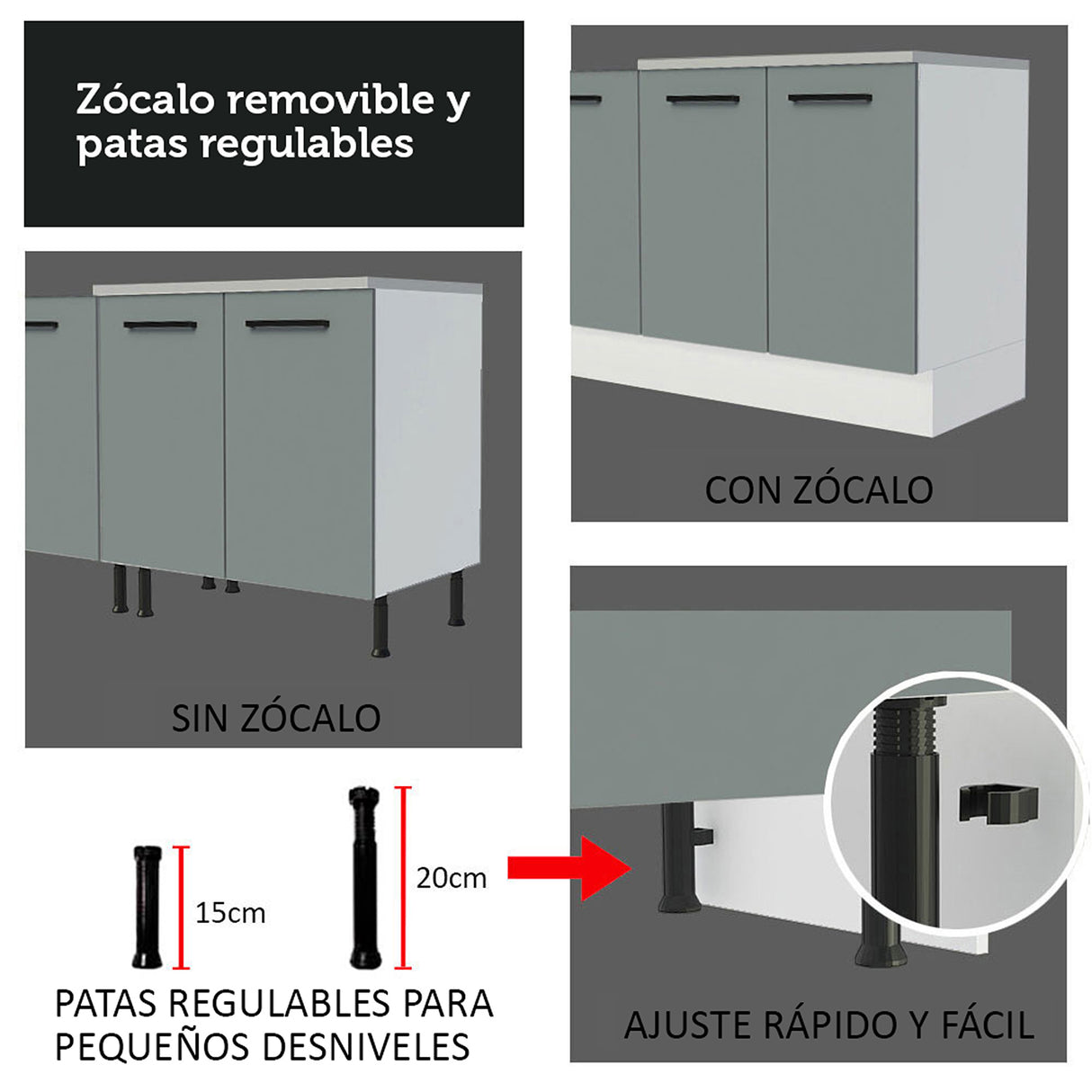Gabinete de Cocina Agata Blanco y Gris 40x84cm con Mesón de Madera Aglomerada MDP sin Pozuelo y con Tres Cajones