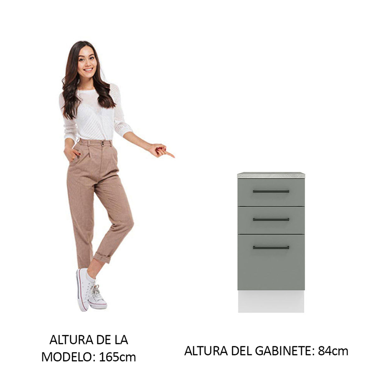 Gabinete de Cocina Agata Blanco y Gris 40x84cm con Mesón de Madera Aglomerada MDP sin Pozuelo y con Tres Cajones
