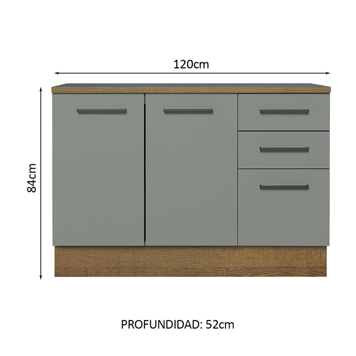 Gabinete de Cocina Agata Marrón y Gris 120x84cm con Mesón de Madera Aglomerada MDP sin Pozuelo y con Tres Cajones - MUEBLES INFERIORES DE COCINA | Bylmo