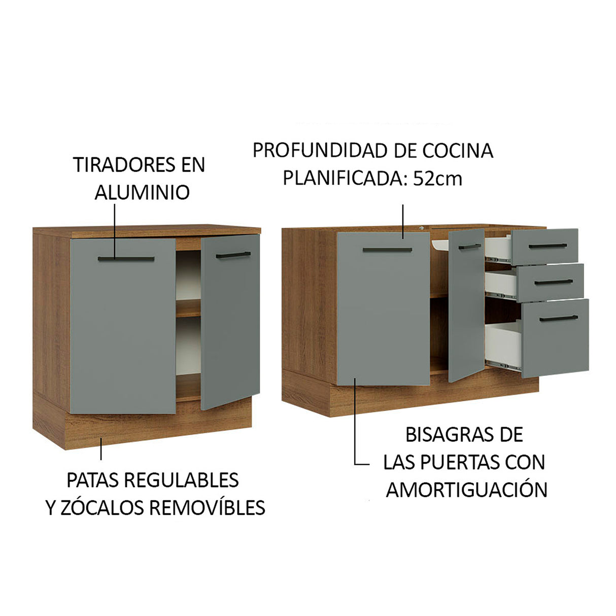 Set X 2 Muebles Inferiores de Cocina Agata Marrón y Gris 200x84cm sin Mesón sin Pozuelo y con Tres Cajones - MUEBLES INFERIORES DE COCINA | Bylmo