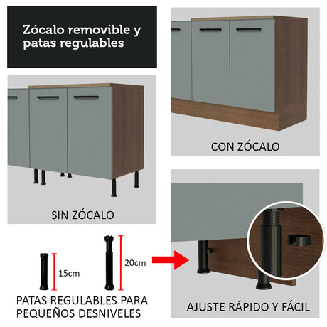 Set X 2 Muebles Inferiores de Cocina Agata Marrón y Gris 200x84cm sin Mesón sin Pozuelo y con Tres Cajones - MUEBLES INFERIORES DE COCINA | Bylmo