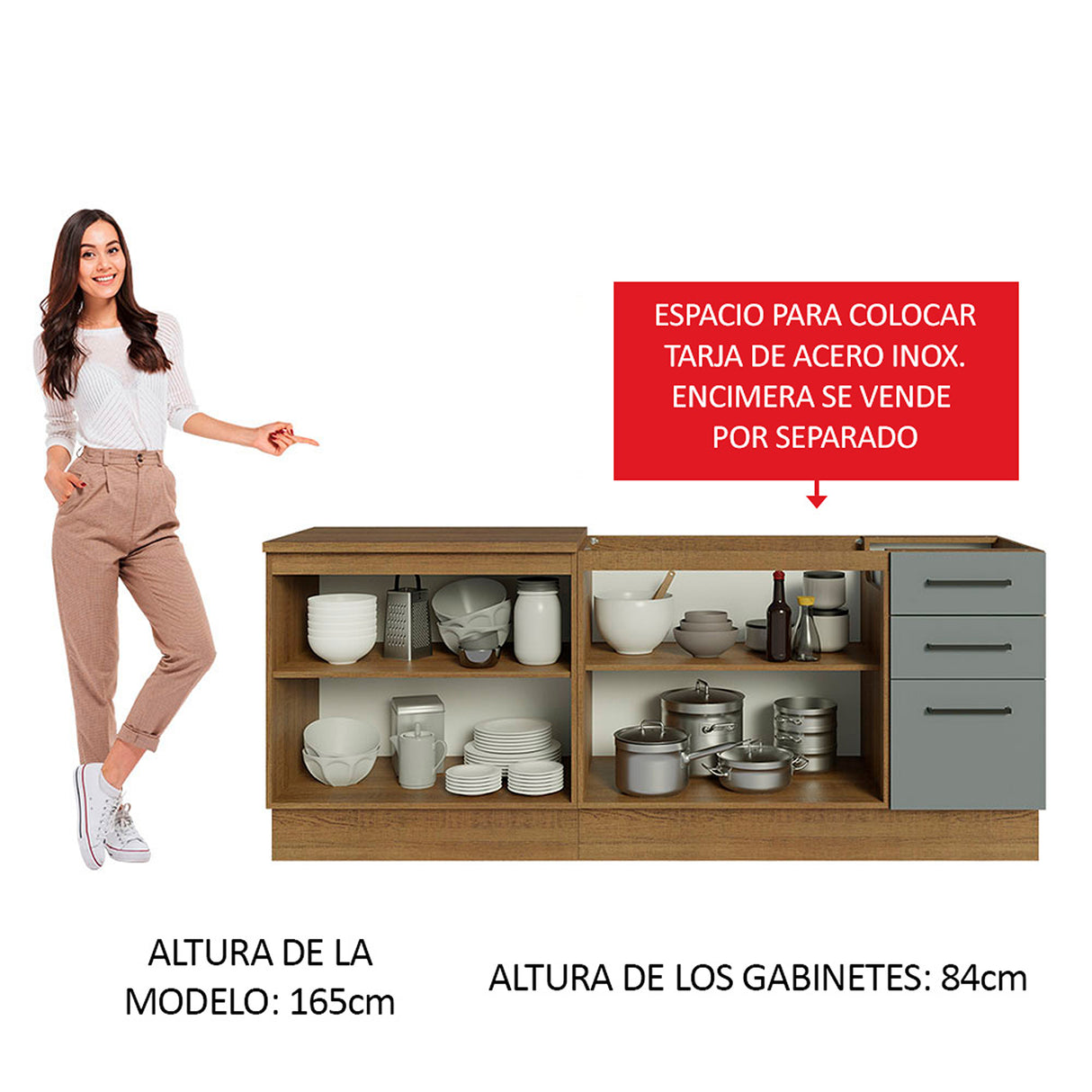 Set X 2 Muebles Inferiores de Cocina Agata Marrón y Gris 200x84cm sin Mesón sin Pozuelo y con Tres Cajones - MUEBLES INFERIORES DE COCINA | Bylmo