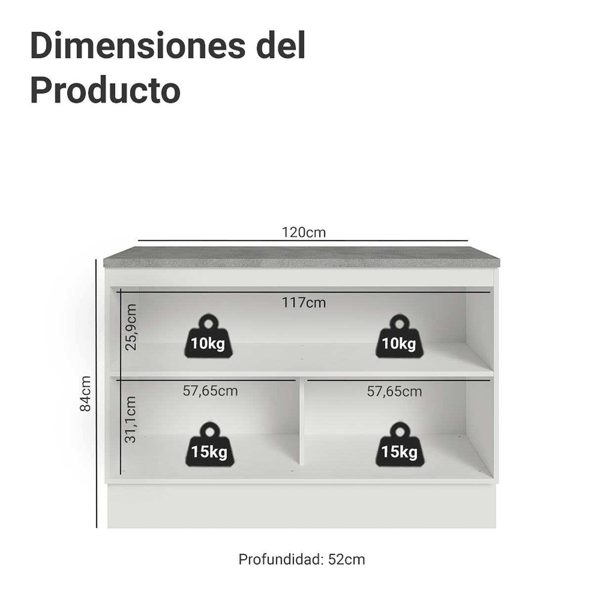 Gabinete de Cocina Vik Blanco y Gris 120x84cm con Mesón de Madera Aglomerada MDP sin Pozuelo