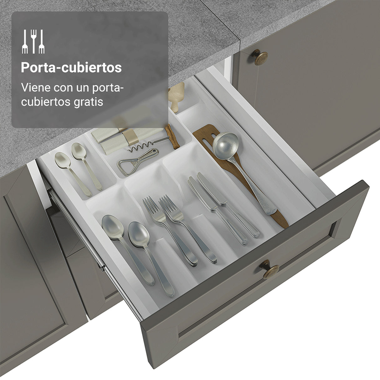 Gabinete de Cocina Vik Blanco y Gris 120x84cm con Mesón de Madera Aglomerada MDP sin Pozuelo y con Tres Cajones