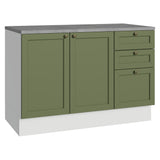 Gabinete de Cocina Vik Blanco y Verde 120x84cm con Mesón de Madera Aglomerada MDP sin Pozuelo y con Tres Cajones - MUEBLES INFERIORES DE COCINA | Bylmo