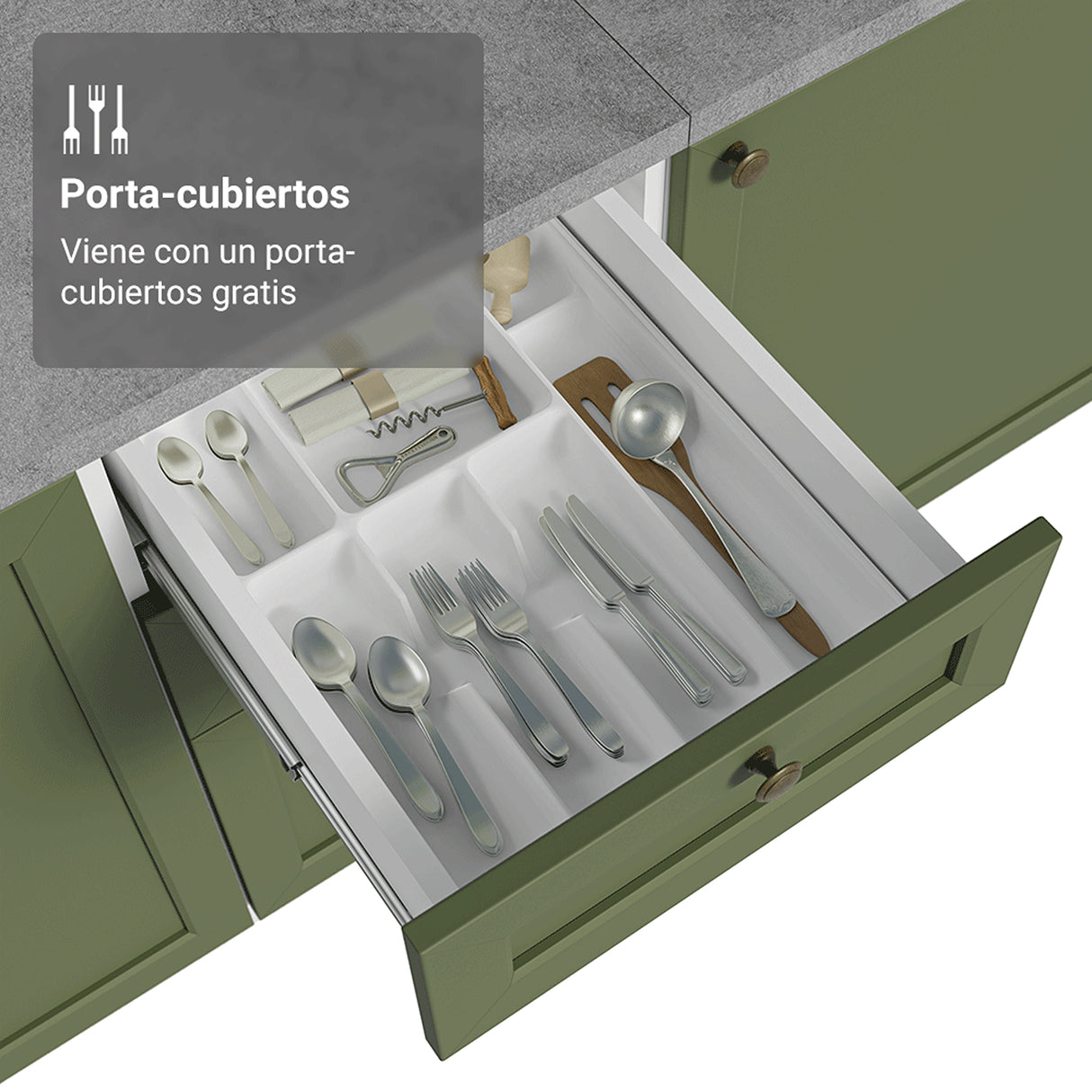 Gabinete de Cocina Vik Blanco y Verde 120x84cm con Mesón de Madera Aglomerada MDP sin Pozuelo y con Tres Cajones - MUEBLES INFERIORES DE COCINA | Bylmo