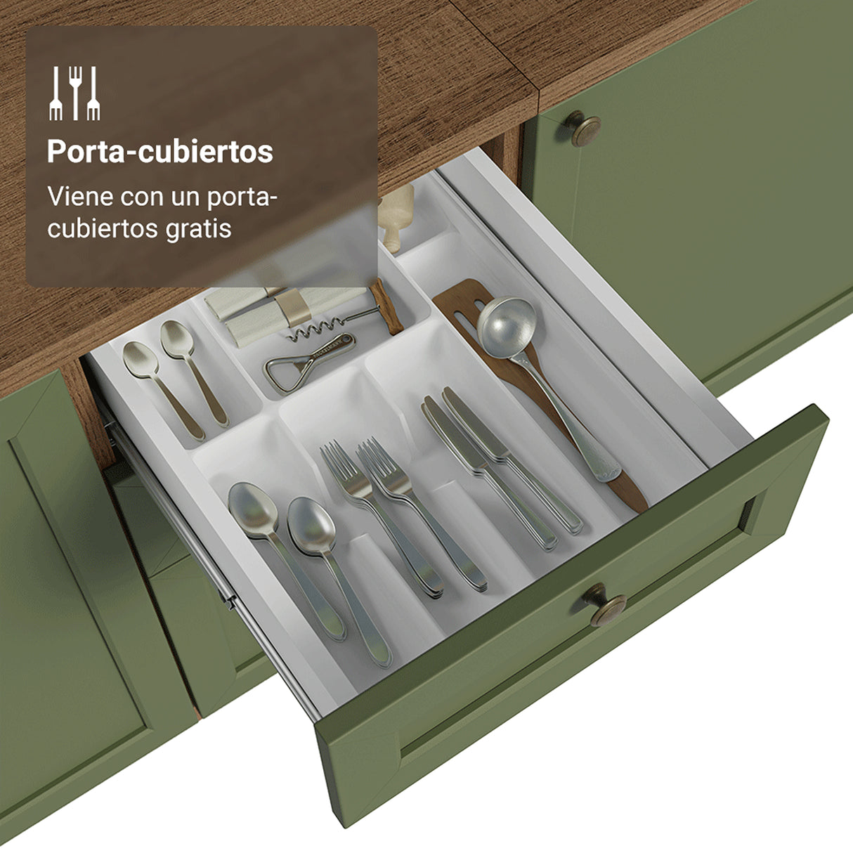 Gabinete de Cocina Vik Marrón y Verde 120x81cm sin Mesón sin Pozuelo y con Tres Cajones
