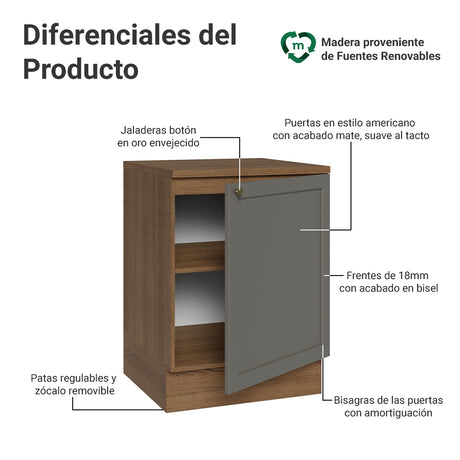 Gabinete de Cocina Vik Marrón y Gris 60x84cm sin Mesón sin Pozuelo - MUEBLES INFERIORES DE COCINA | Bylmo