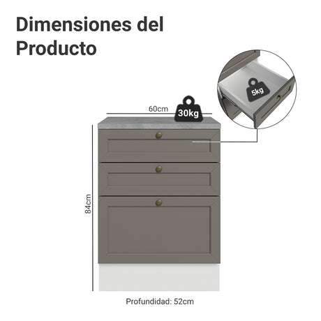 Gabinete de Cocina Vik Blanco y Gris 60x84cm sin Mesón sin Pozuelo y con Tres Cajones - MUEBLES INFERIORES DE COCINA | Bylmo