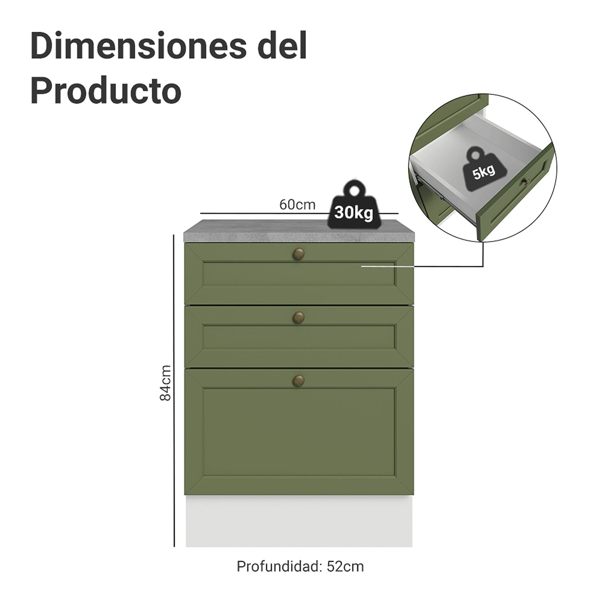 Gabinete de Cocina Vik Blanco y Verde 60x84cm sin Mesón sin Pozuelo y con Tres Cajones - MUEBLES INFERIORES DE COCINA | Bylmo