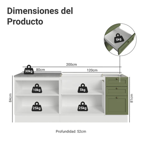 Set X 2 Muebles Inferiores de Cocina Vik Blanco y Verde 200x84cm sin Mesón sin Pozuelo - MUEBLES INFERIORES DE COCINA | Bylmo