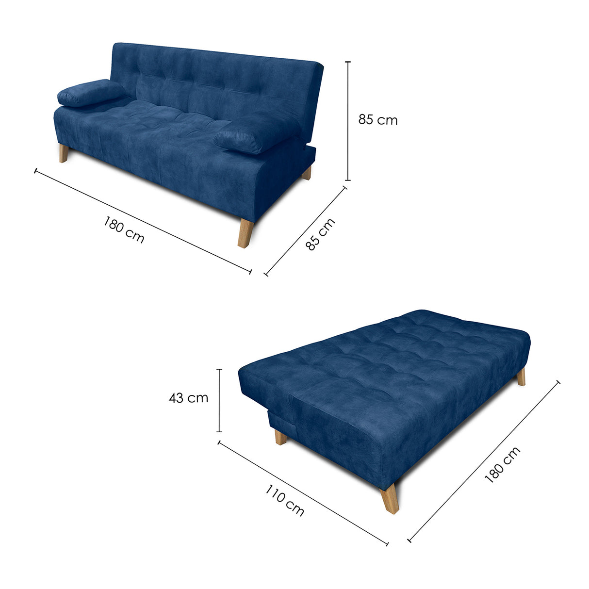 Sofacama Leroy Azul 180x85cm Reclinable De Tres Puestos Con Apoya Brazos