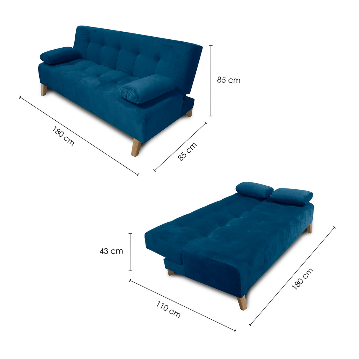 Sofacama Glaser Azul 180x85cm Reclinable de Tres Puestos con Apoya Brazos