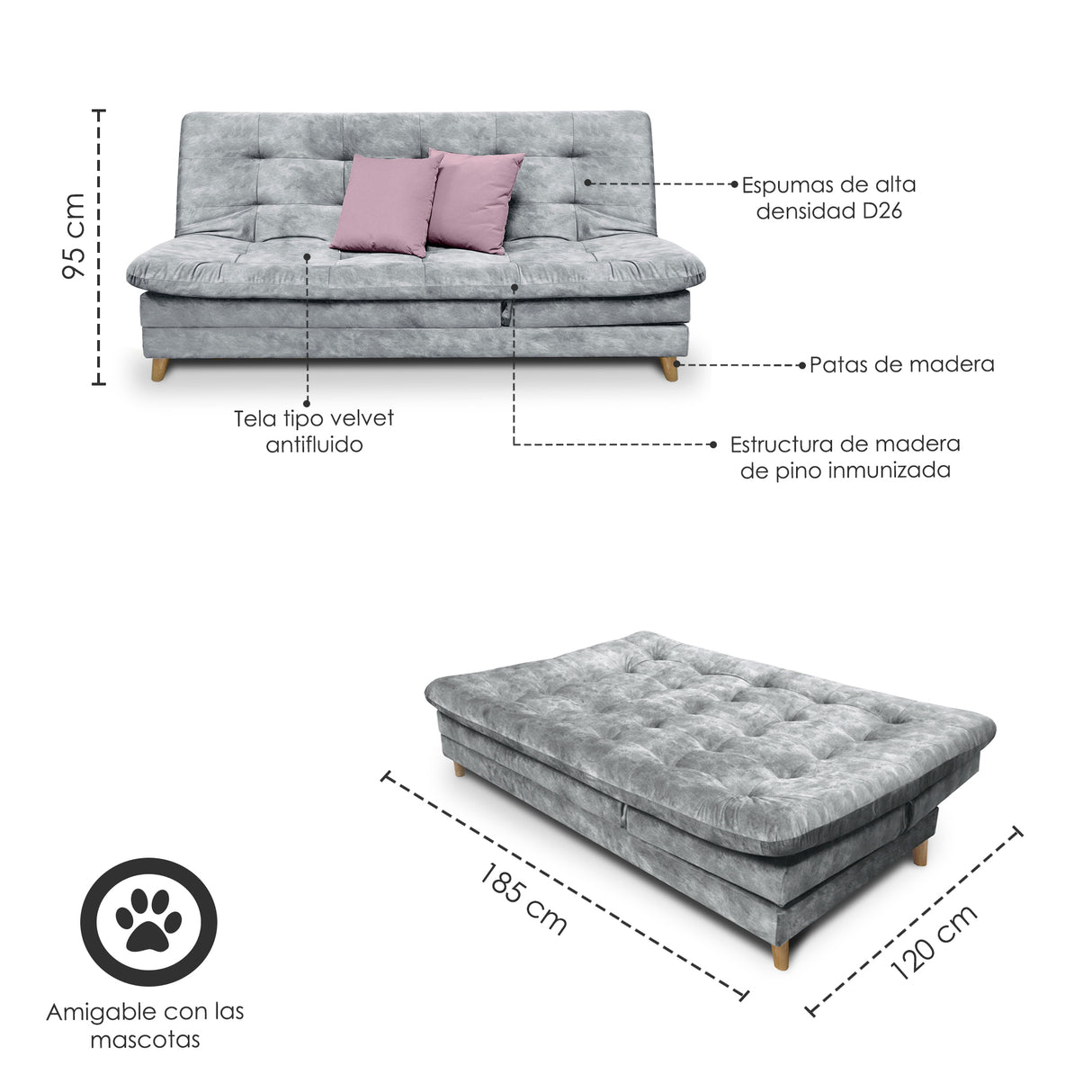 Sofá Cama Agassi Gris 190x95cm Reclinable de Tres Puestos sin Apoya Brazos