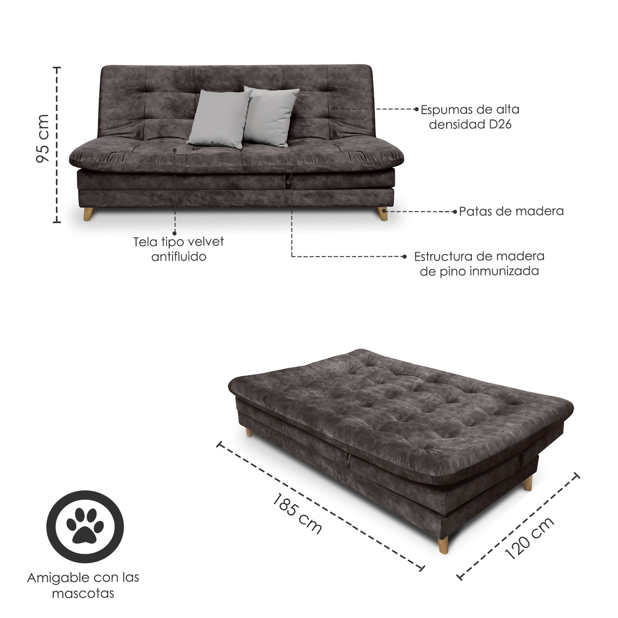 Sofá Cama Agassi Café 190x95cm Reclinable De Tres Puestos Sin Apoya Brazos