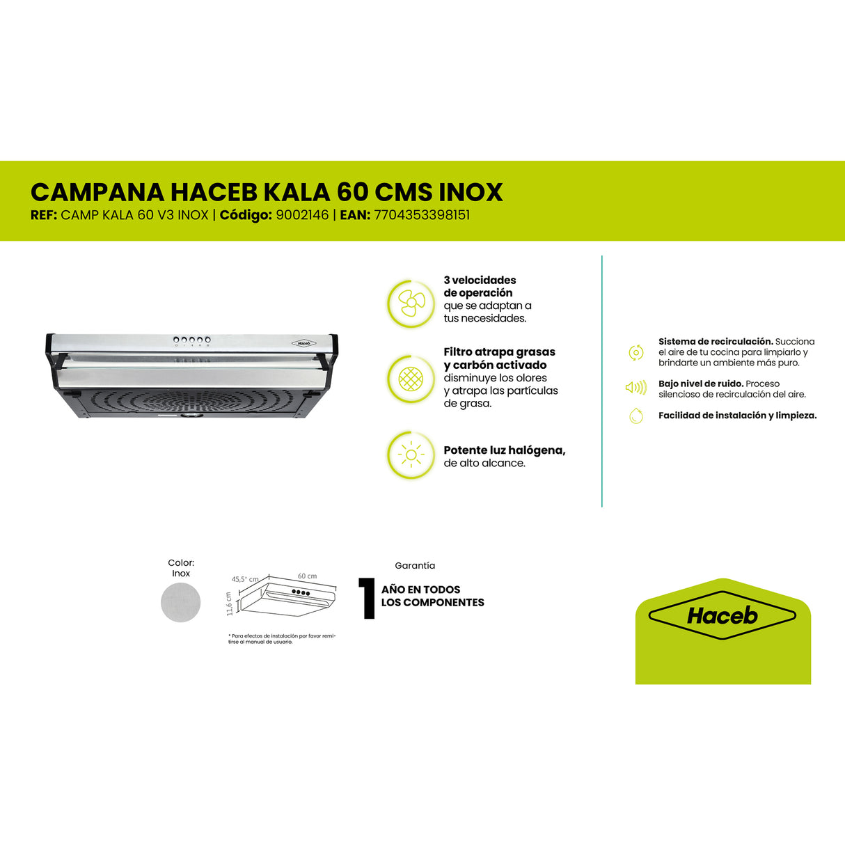 Campana Extractora Haceb Kala Inox 60x11.6cm 110 Voltios de Tres Velocidades y con Iluminación - CAMPANAS Y EXTRACTORES | Bylmo