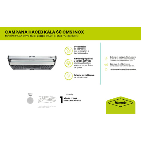 Campana Extractora Haceb Kala Inox 60x11.6cm 110 Voltios de Tres Velocidades y con Iluminación - CAMPANAS Y EXTRACTORES | Bylmo