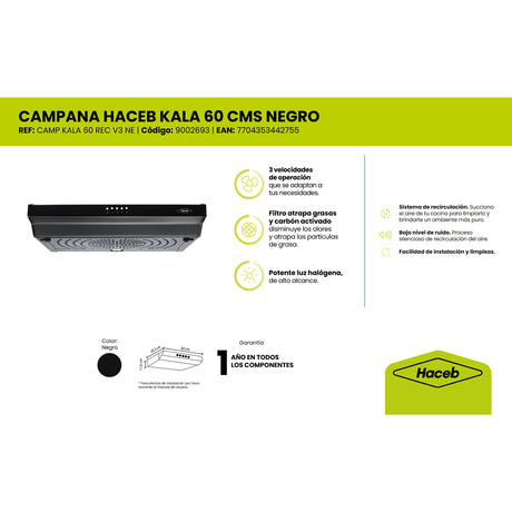 Campana Extractora Haceb Kala Negro 60x11.6cm 110 Voltios de Tres Velocidades y con Iluminación - CAMPANAS Y EXTRACTORES | Bylmo