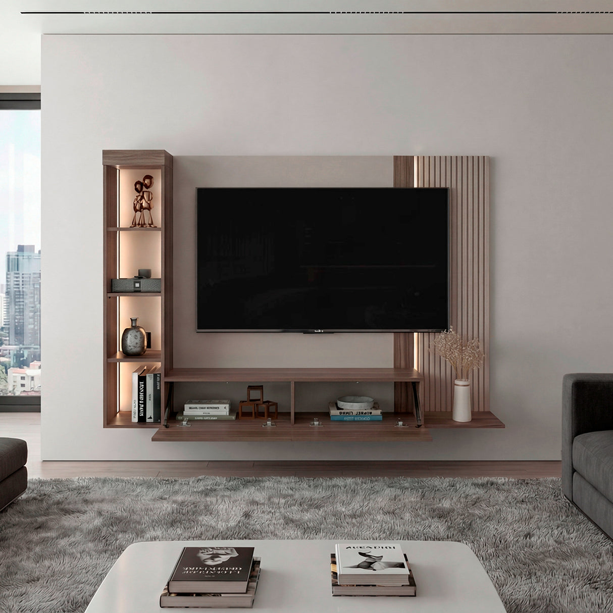 Panel de TV Gamma Capri y Avellana 184.2x127.5cm para TV Hasta 65 Pulgadas con Cuatro Compartimientos