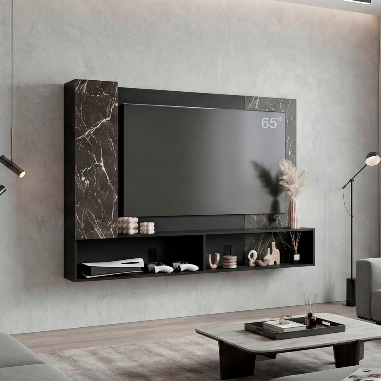 Panel de TV Beta Wengue y Mamba 185x128.5cm para TV Hasta 65 Pulgadas con Dos Compartimientos - MUEBLES DE TV | Bylmo