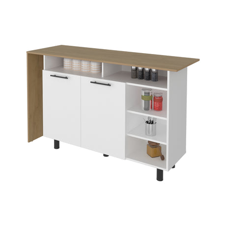 Isla de Cocina Corcega Blanco y Fresno 150x89.5cm con Cinco Compartimientos y con Dos Entrepaños - BARRAS Y MUEBLES AUXILIARES | Bylmo